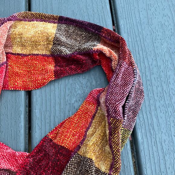 Red orange plaid patchwork scarf, cozy fall preppy light academia teacher - Picture 3 of 7